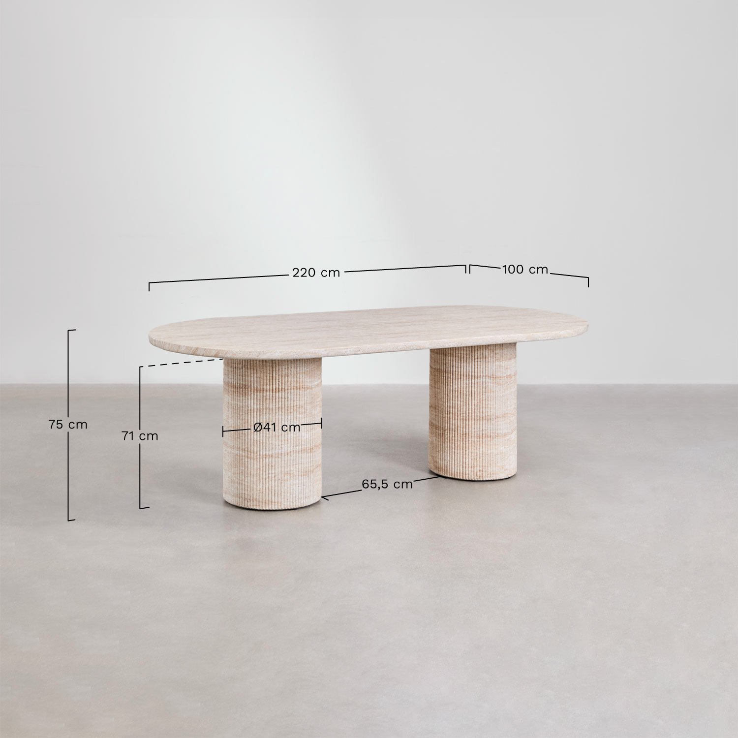 Table de salle à manger ovale 220x100 cm en aspect ciment travertin Velia, mesures
