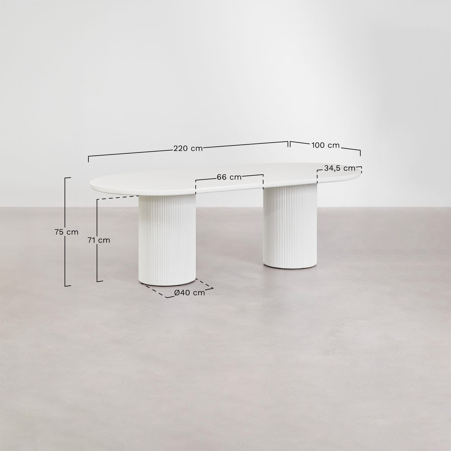 Table de jardin ovale 220x100 cm en ciment Velia, mesures