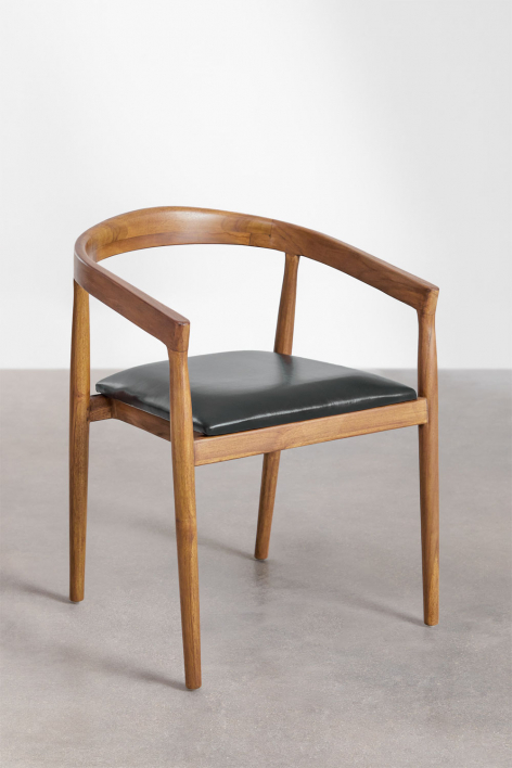 Pack de 4 chaises de salle à manger avec accoudoirs en bois de teck et cuir Visby - Noir