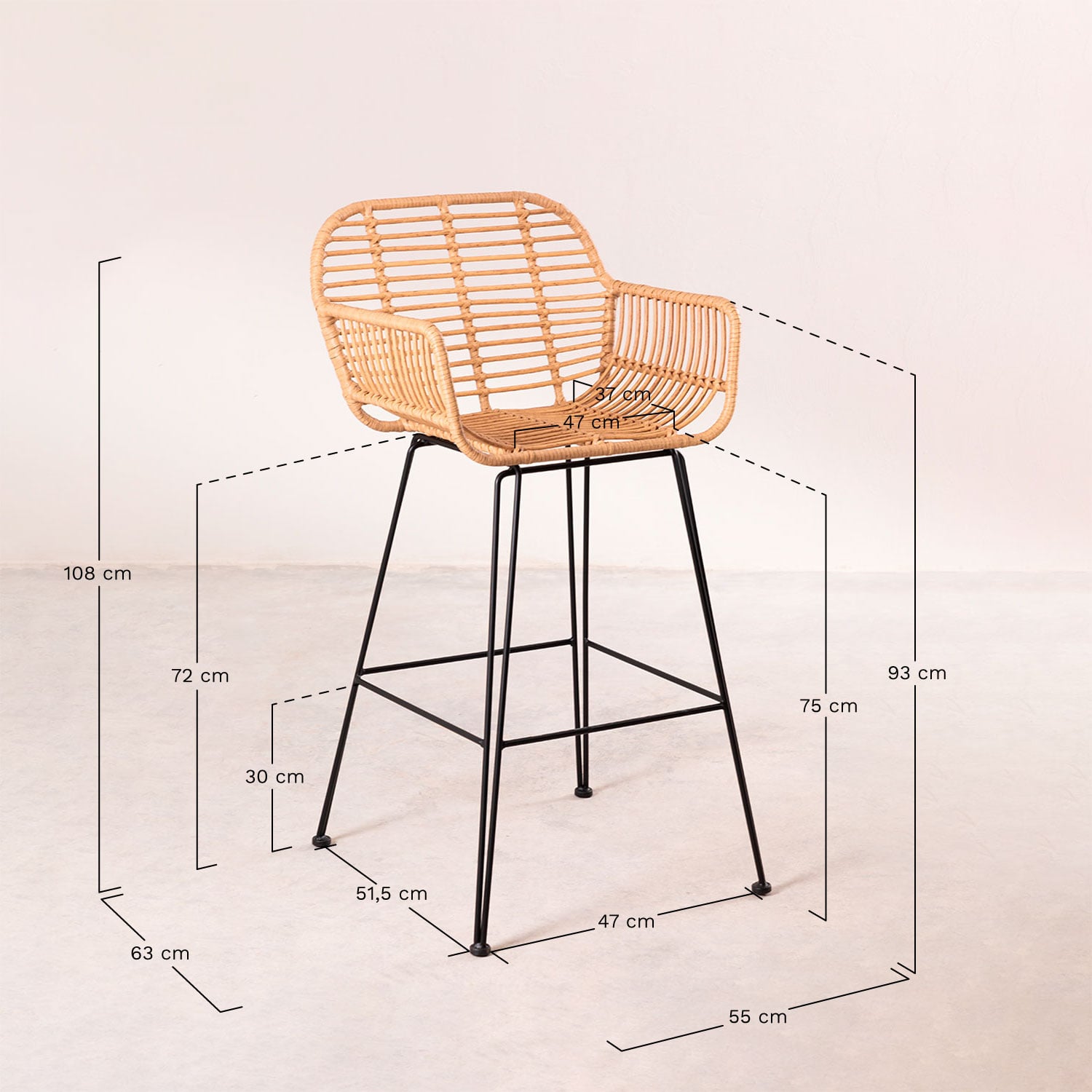 Pack de 4 tabourets hauts en rotin synthétique Eska, mesures