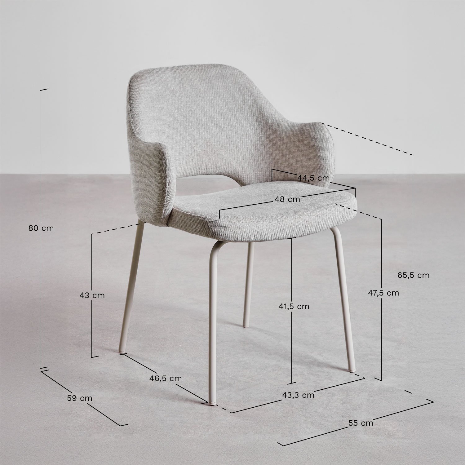 Lot de 4 chaises de salle à manger rembourrées Gemma avec accoudoirs, mesures