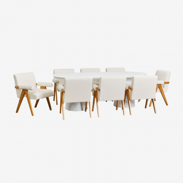 Ensemble De Table Ovale 220x95 Cm En Ciment Noemi Et 8 Chaises De Salle À Manger En Bois Et Tissu Bouclé Lucca Blanc - Sklum