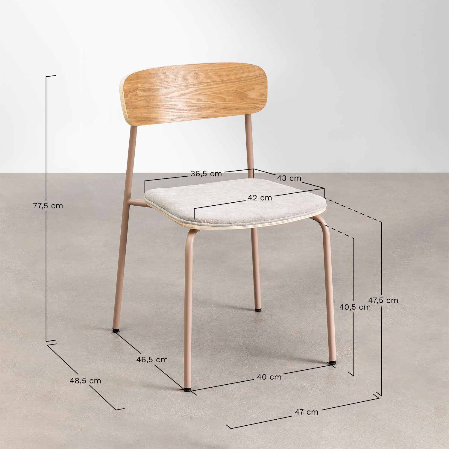 Chaise de salle à manger empilable en fer et bois Wilpier, mesures