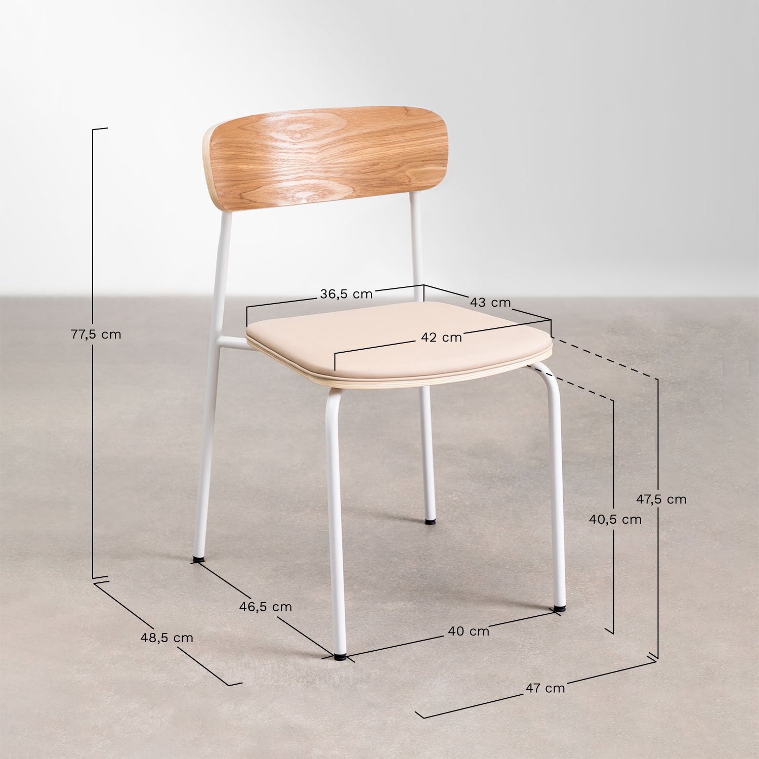 Pack de 2 chaises de salle à manger empilables en fer et bois Wilpier, mesures