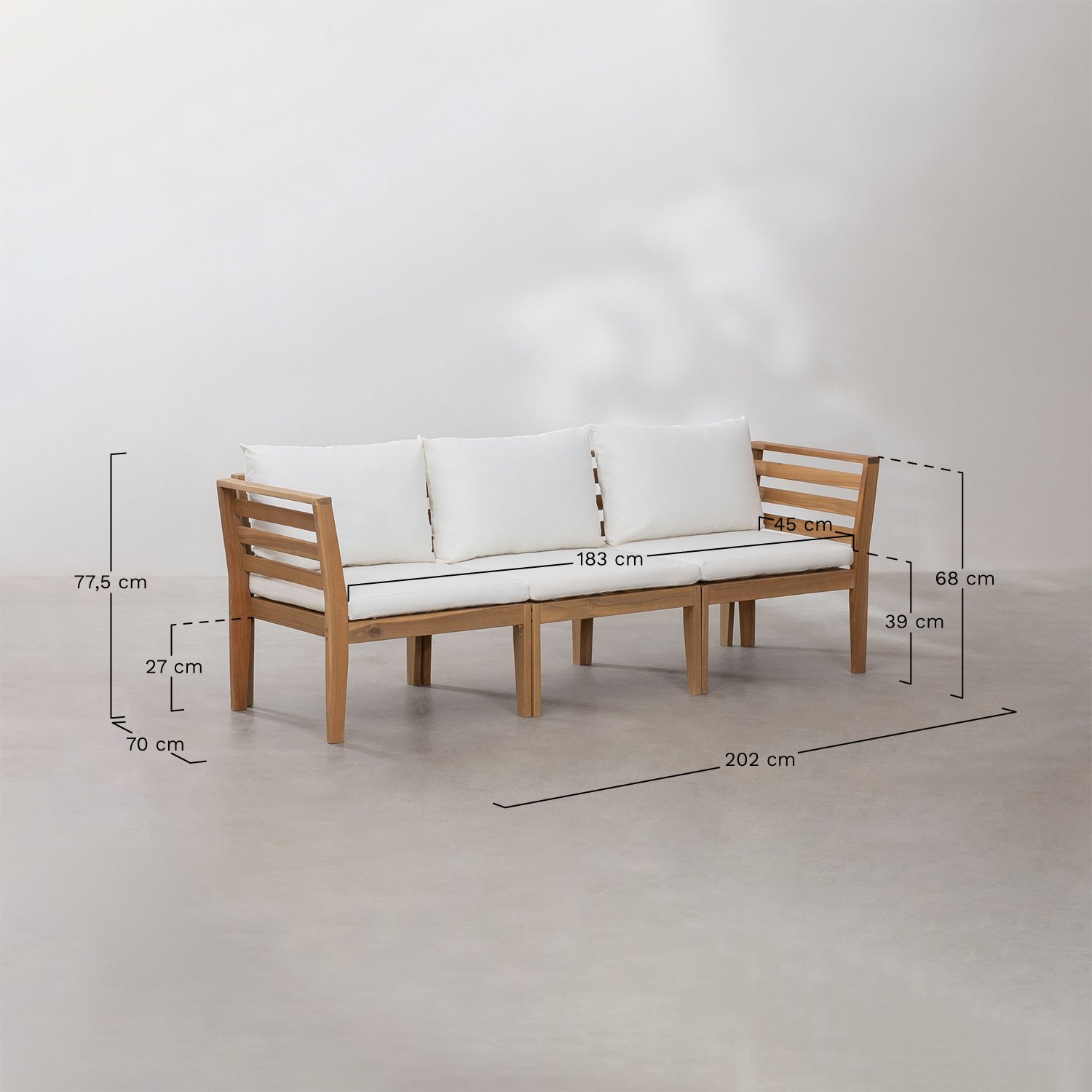 Salon de jardin avec canapé modulable 5 pièces avec accoudoirs et table basse en bois d'acacia Filips   , mesures