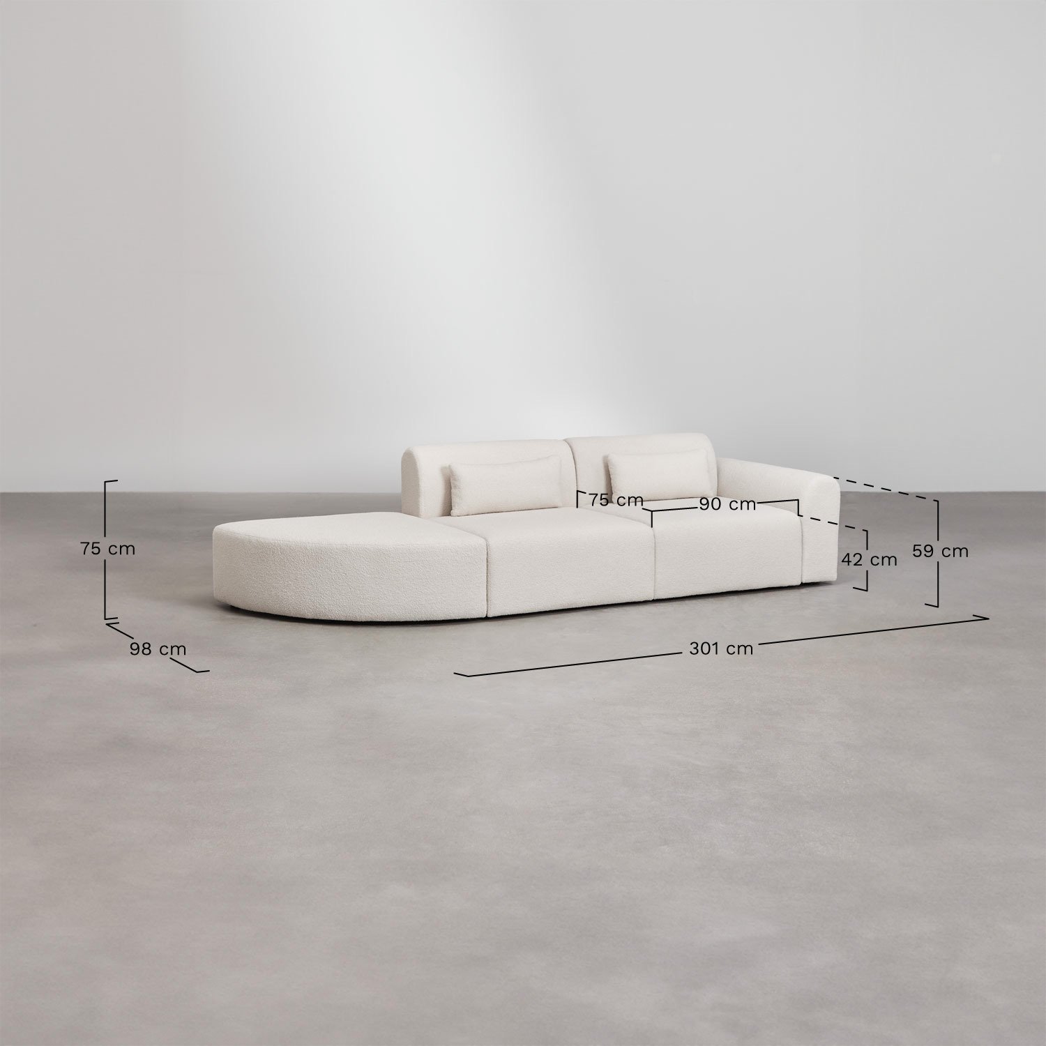 Canapé modulable d'angle droit 2 pièces avec pouf triangulaire en peau lainée Borjan, mesures