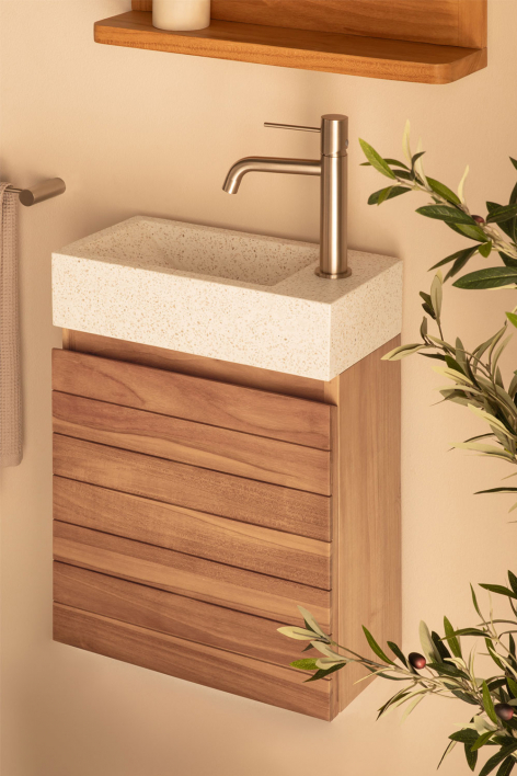 Ensemble meuble de salle de bain suspendu 40x20 cm en bois de teck avec lavabo intégré en ciment Napier - bois de teck