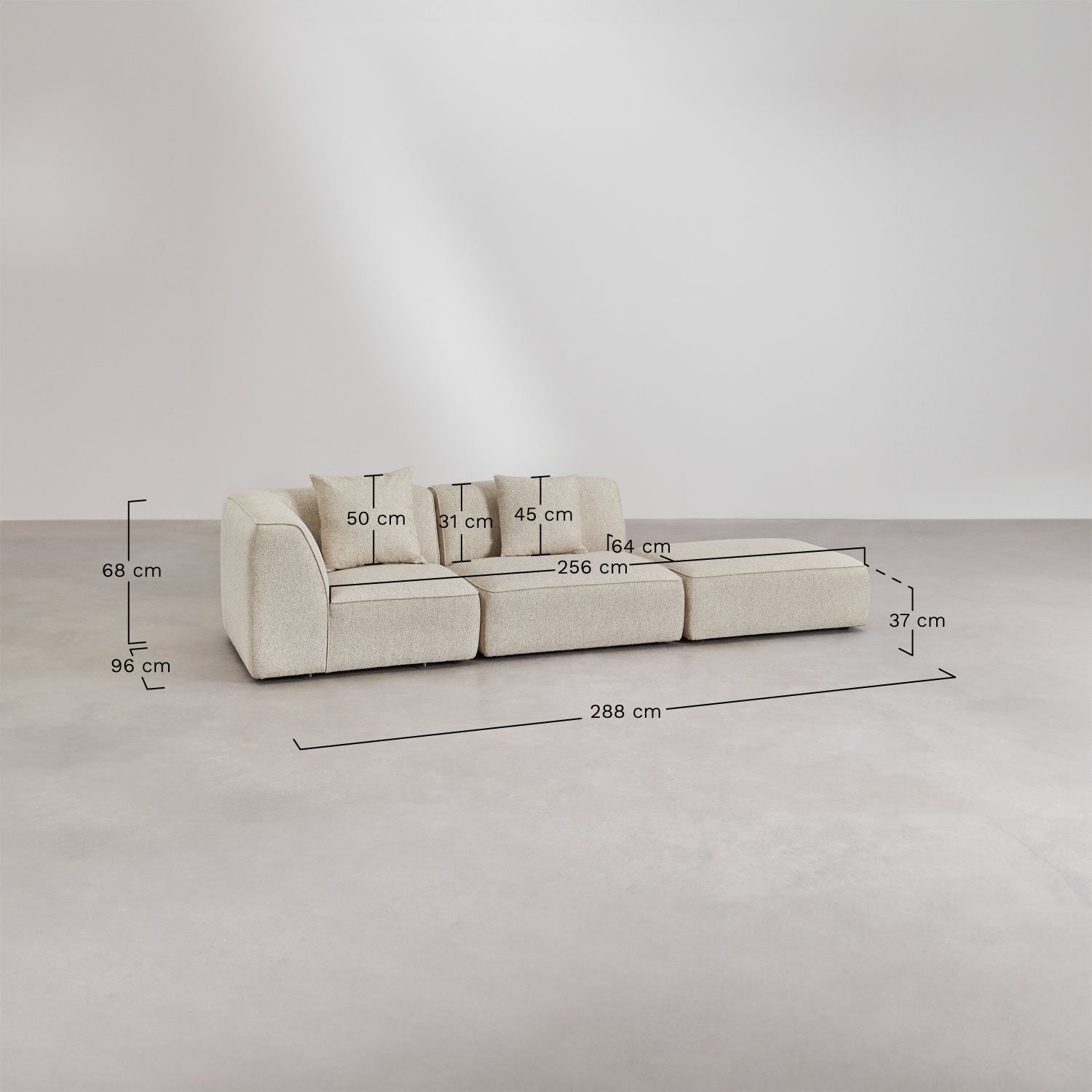 Canapé d'angle modulable Cardea 2 pièces avec pouf rembourré, mesures