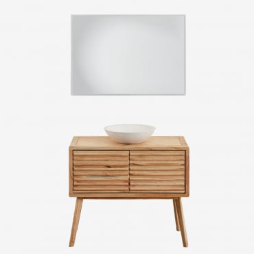 Ensemble De Meubles De Salle De Bain En Bois Deleyna Bois Naturel & Rond Ciment Blanc Ø40 Cm Zavion & Rectangulaire Led Et Anti-buée 100x70 - Sklum