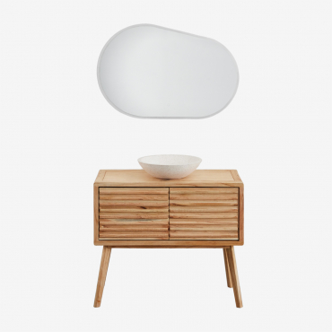 Ensemble De Meubles De Salle De Bain En Bois Deleyna Bois Naturel & Rond Ciment Blanc Ø40 Cm Zavion & Ovale Led Et Anti-buée 100x65 Cm Meunier - Sklum