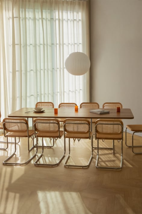 Set de table rectangulaire 240x100 cm en MDF et acier inoxydable et 10 chaises de salle à manger en rotin Tento