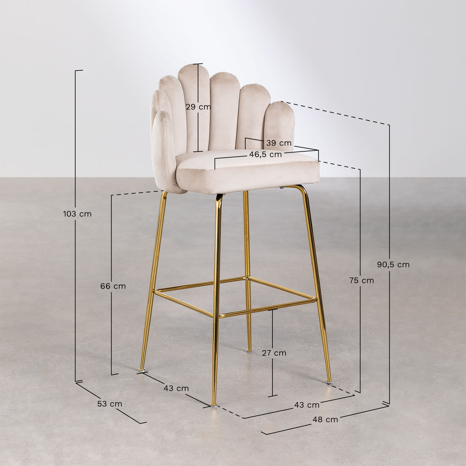 Lot de 2 tabourets hauts en velours Markina, mesures