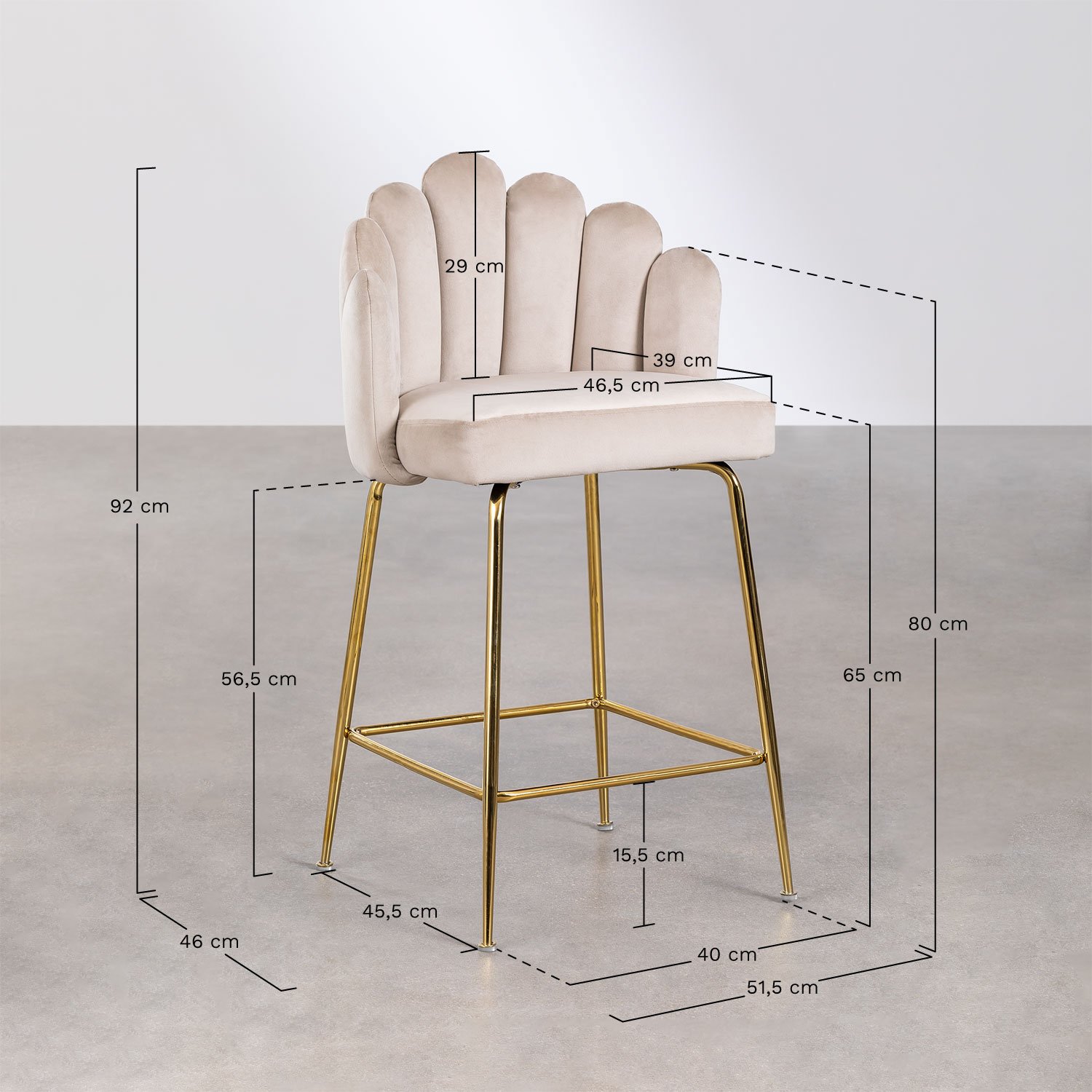 Lot de 4 tabourets hauts en velours Markina, mesures