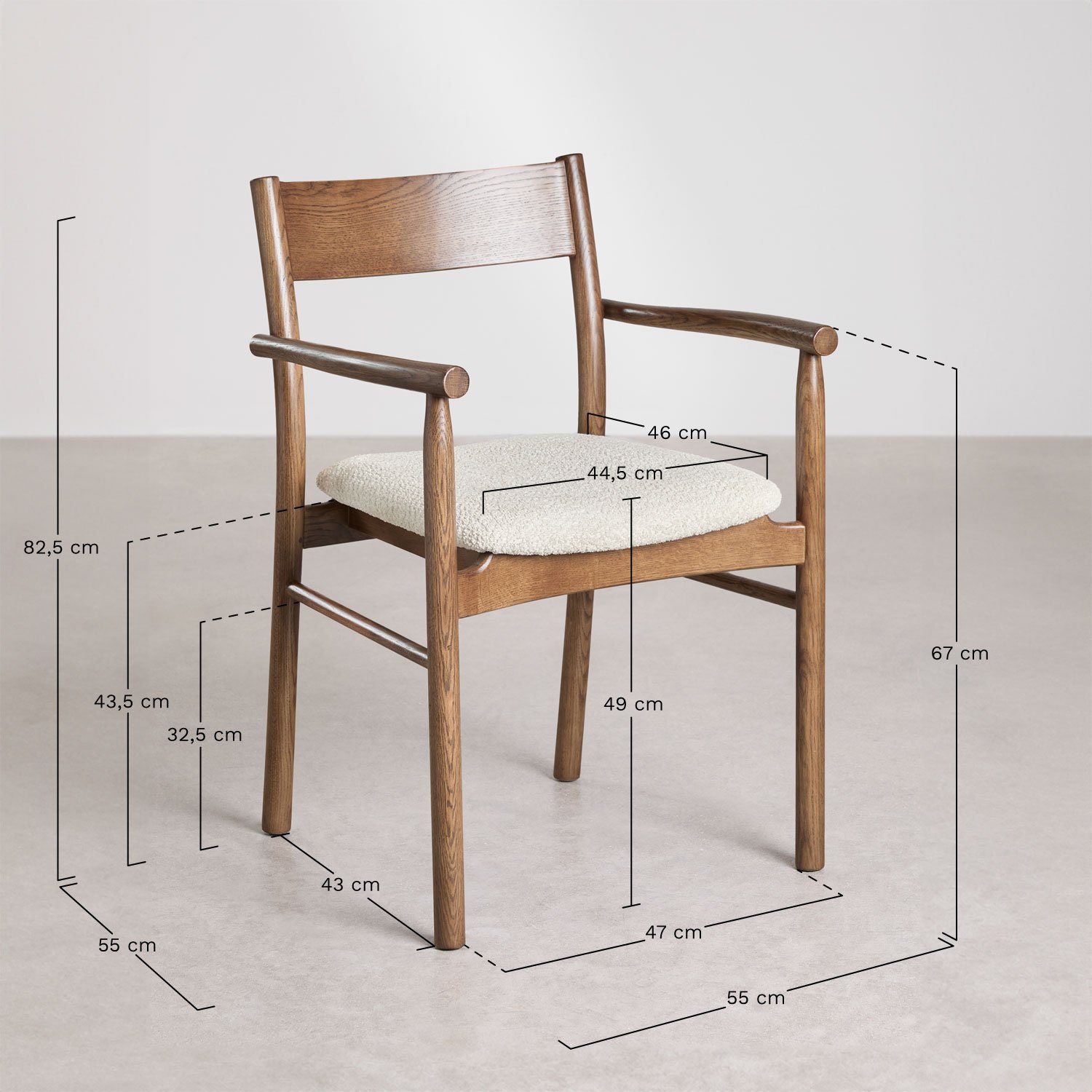 Chaise de salle à manger en chêne et bouclette Mara Signature, mesures