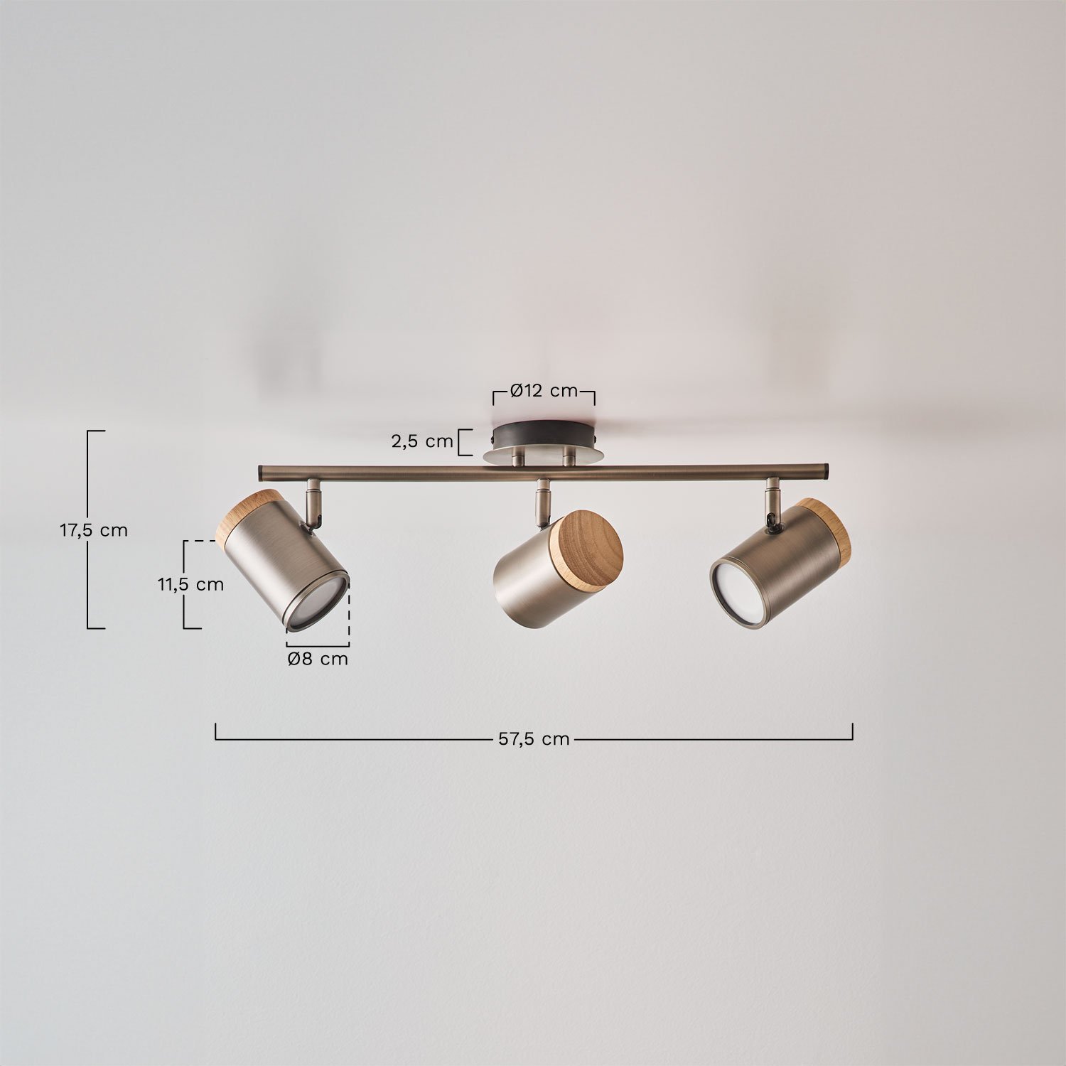Lampe de plafond orientable avec 3 points lumineux en fer Amaranto, mesures