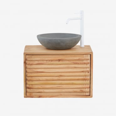 Ensemble De Meuble De Salle De Bain Suspendu En Bois Deleyna Bois Naturel & Ciment Gris Rond Ø40 Cm Tarsis & Sans Miroir & Blanc - Sklum