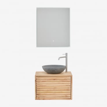 Ensemble De Meuble De Salle De Bain Suspendu En Bois Deleyna Bois Naturel & Ciment Gris Rond Ø40 Cm Tarsis & Rectangulaire Led Et - Sklum