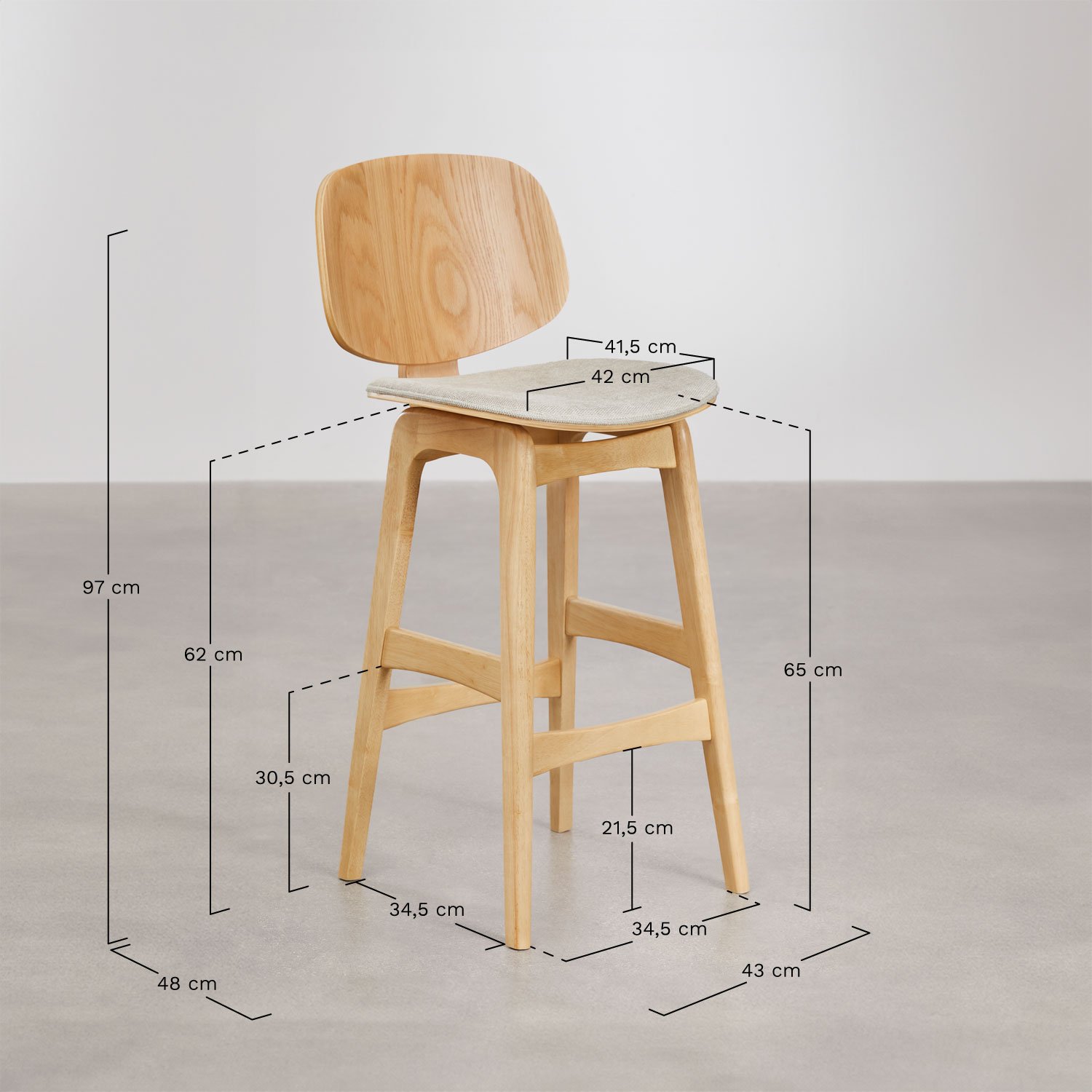 Tabouret haut en bois et tissu Canada, mesures