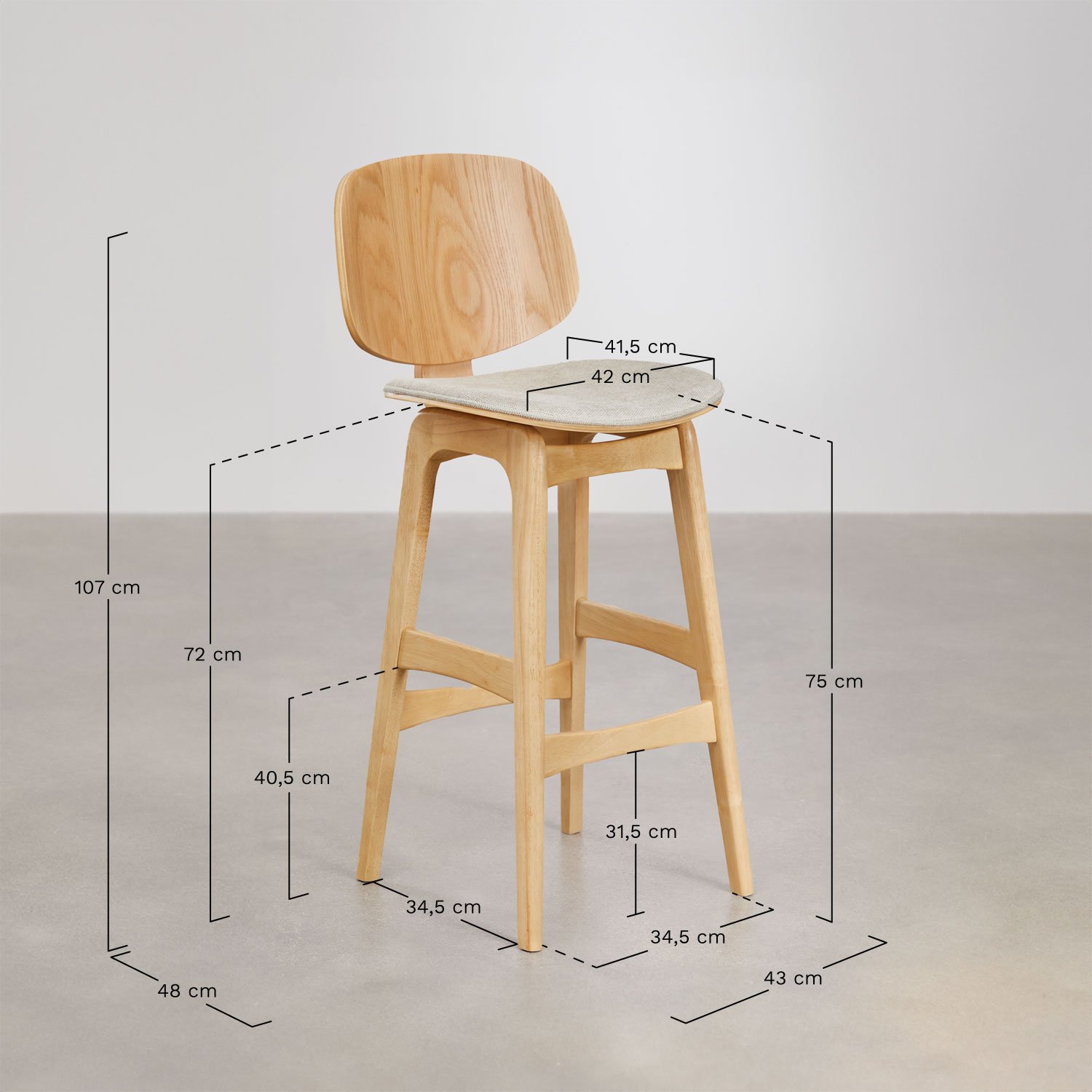 Tabouret haut en bois et tissu Canada, mesures