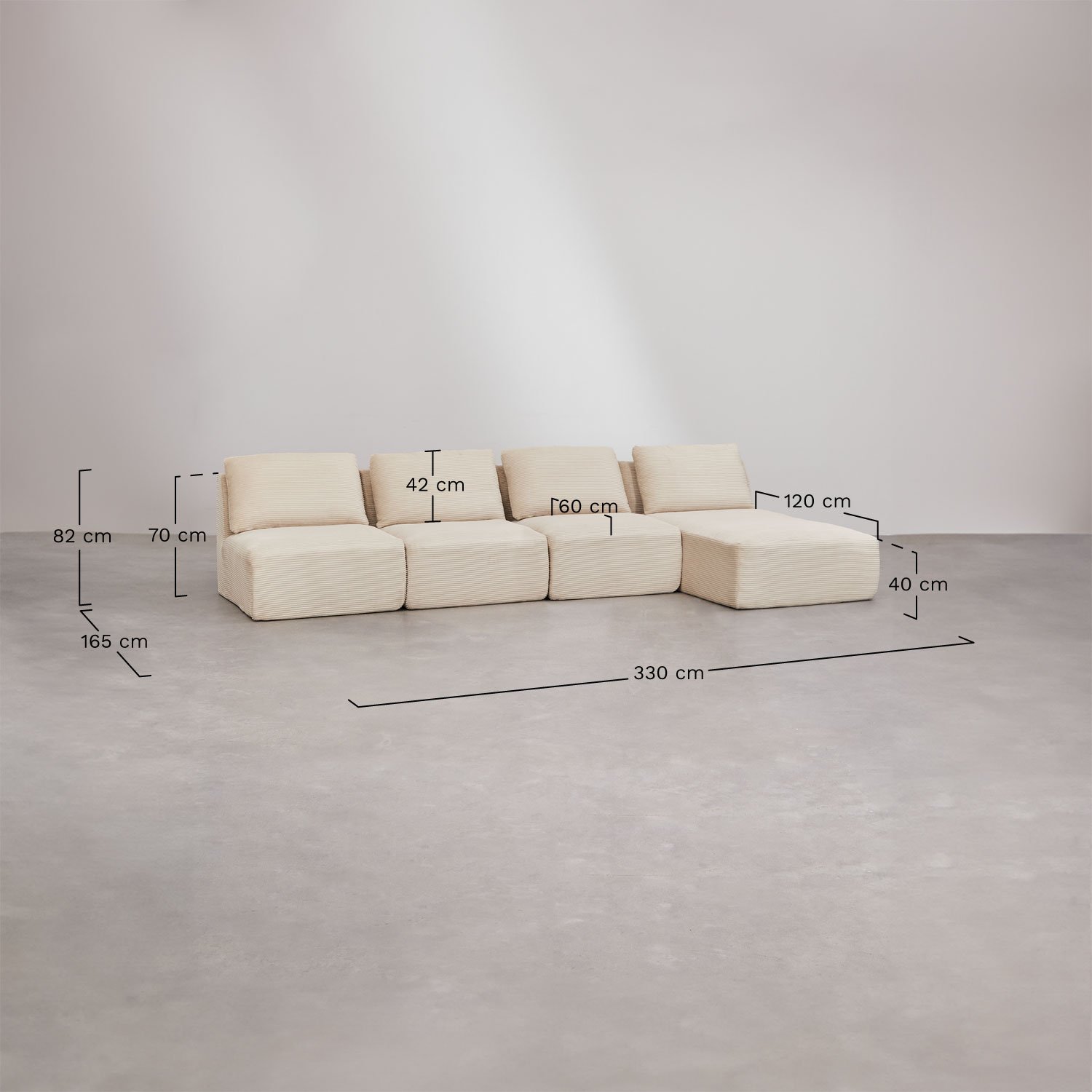 Canapé modulable avec chaise longue droite 4 pièces en velours, emballé sous vide Temple, mesures