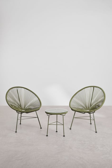 Ensemble de salon avec 2 fauteuils et table d'appoint en acier et osier synthétique New Acapulco - Vert Olive Intense