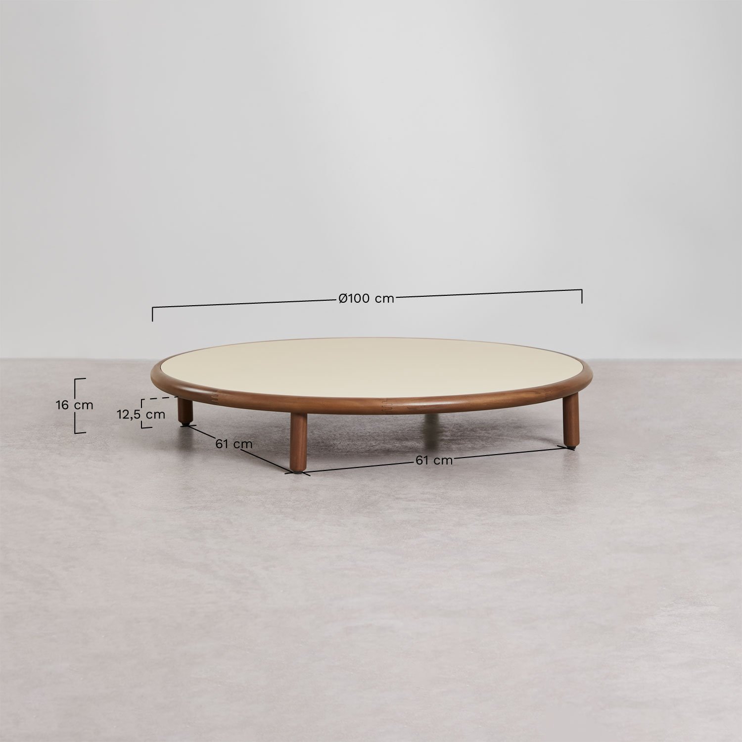 Ensemble de jardin avec canapé 3 places et 2 tables basses rondes en bois d'acacia Olivia, mesures