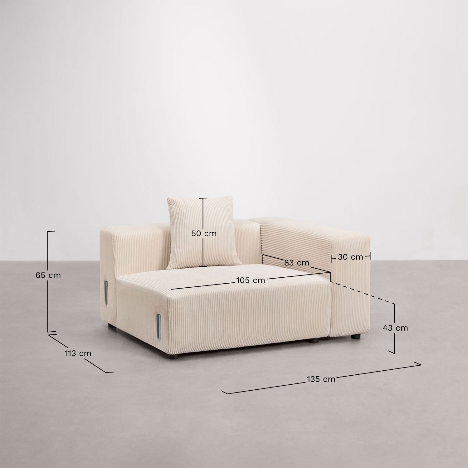 Module d'angle droit 135x113 cm avec accoudoir haut et coussin pour canapé modulaire Bruna, mesures