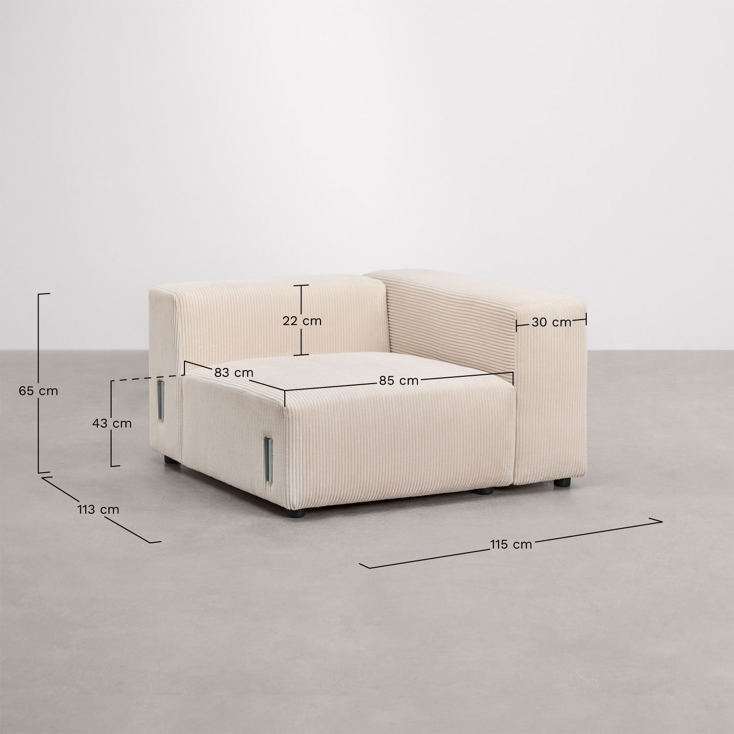 Module d'angle droit 115x113 cm avec accoudoir haut pour canapé modulaire Bruna , mesures