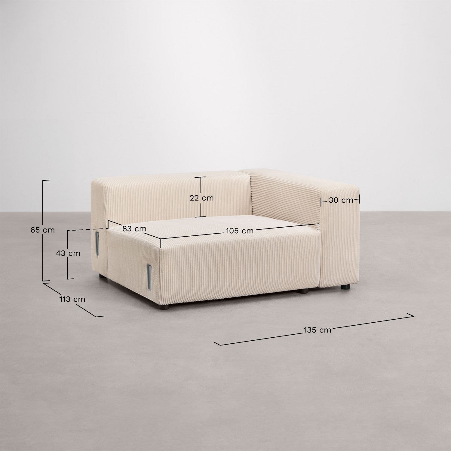 Module d'angle droit 135x113 cm avec accoudoir haut pour canapé modulaire Bruna, mesures