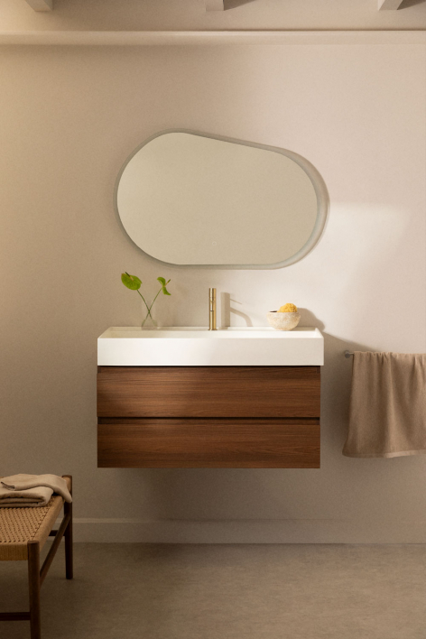 Ensemble de meuble de salle de bain suspendu en bois et placage de frêne avec lavabo intégré Ona - Bois Foncé