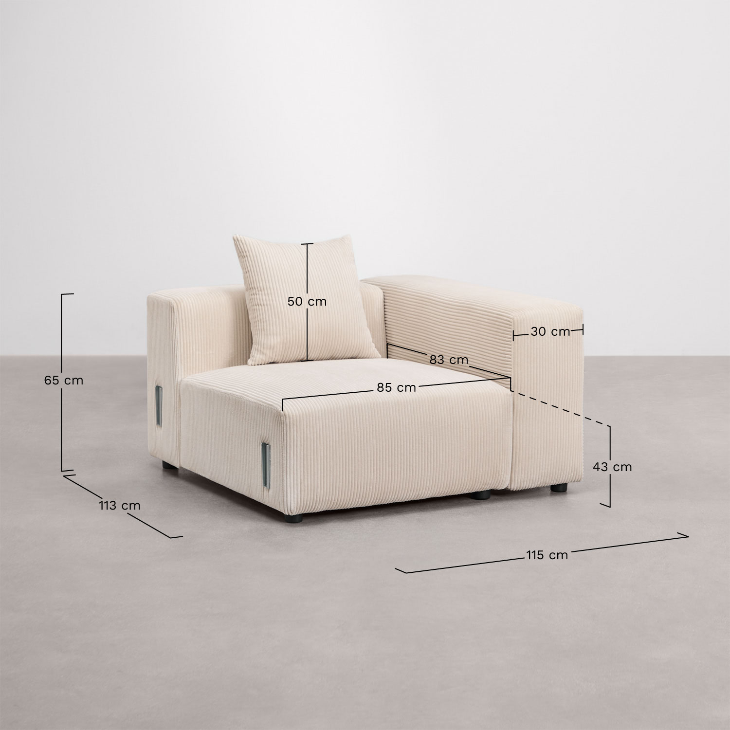 Module d'angle droit 115x113 cm avec accoudoir haut et coussin pour canapé modulaire Bruna, mesures