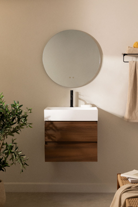 Ensemble de meuble de salle de bain suspendu en bois et placage de frêne avec lavabo intégré Ona - Bois Foncé