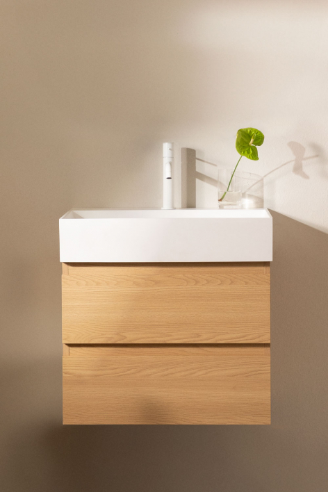 Ensemble de meuble de salle de bain suspendu en bois et placage de frêne avec lavabo intégré Ona - Bois Naturel