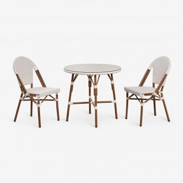 Ensemble Table Ronde Ø80 Cm Et 2 Chaises De Jardin Empilables En Aluminium Et Rotin Synthétique Brielle Bistro Beige Nude - Blanc Gardenia - Sklum