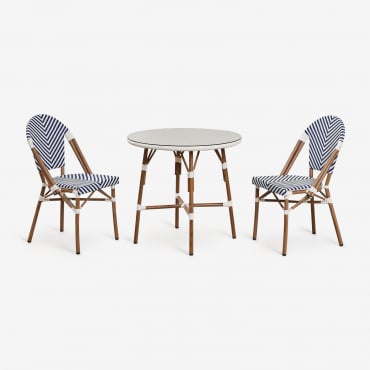Ensemble Table Ronde Brielle Bistro (80 Cm De Diamètre) Et Deux Chaises De Jardin Empilables En Aluminium Bleu Ken - Blanc Gardenia - Sklum