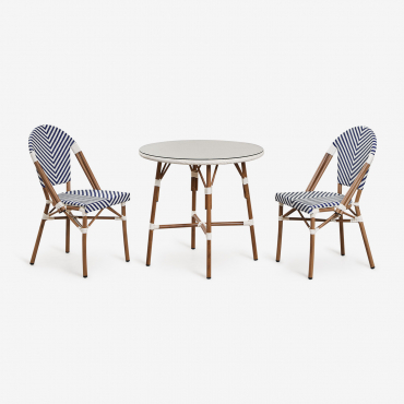 Ensemble Table Ronde Ø80 Cm Et 2 Chaises De Salle À Manger Empilables En Aluminium Et Rotin Synthétique Brielle Bistro Bleu Ken - Blanc Gardenia -