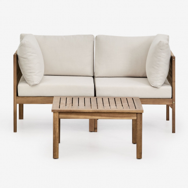 Salon De Jardin Avec Canapé Modulable 2 Pièces Avec Accoudoirs Et Table Basse En Bois D'acacia Branson Blanc Gardenia & Brun Acacia - Sklum