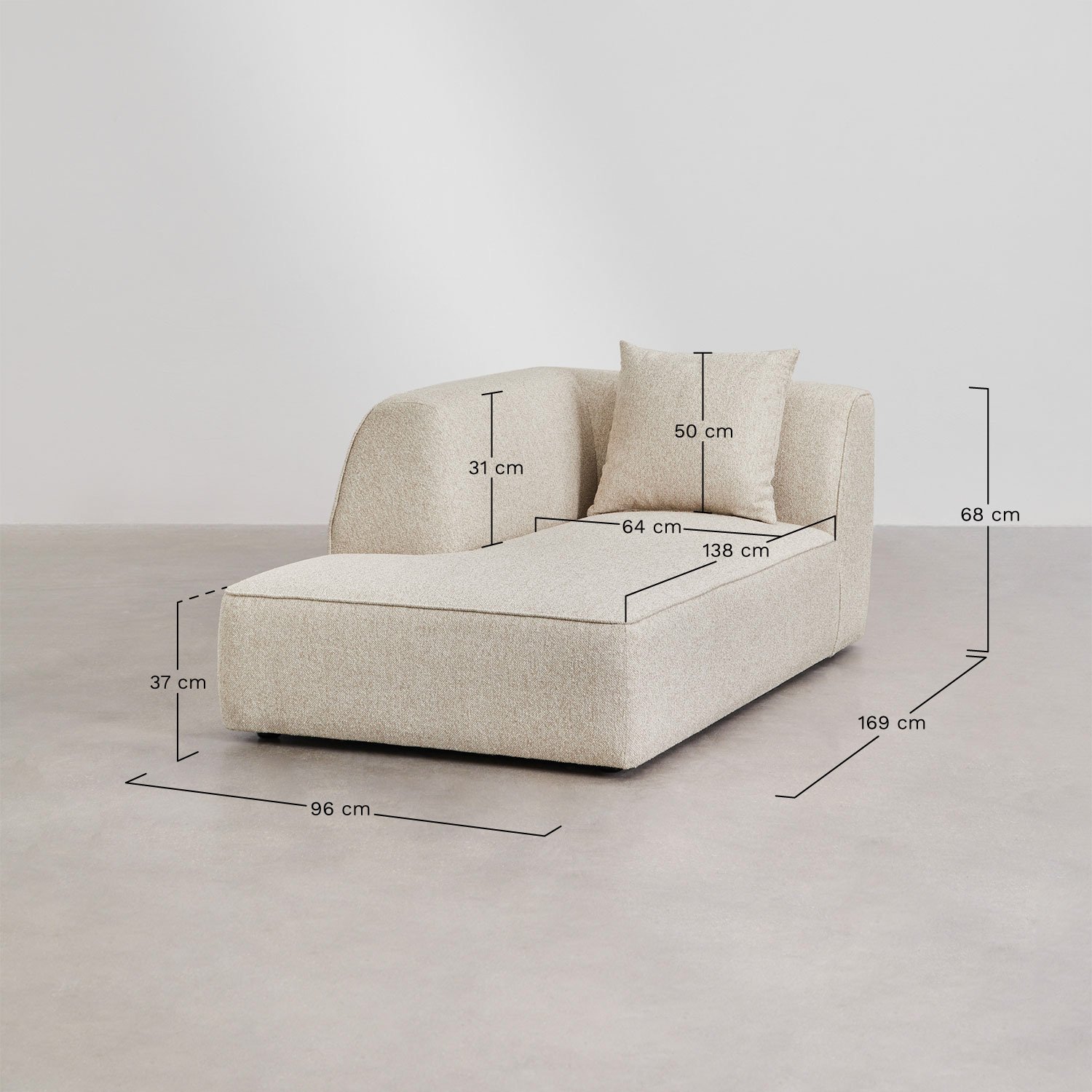 Chaise longue gauche pour canapé modulable rembourré Cardea, mesures