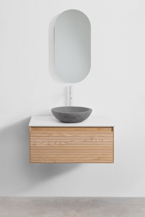 Ensemble de meuble de salle de bain suspendu 80x50 cm en bois de frêne Tedrik - Marron cendré 