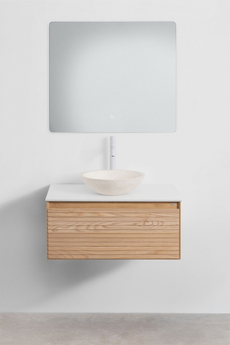 Ensemble de meuble de salle de bain suspendu 80x50 cm en bois de frêne Tedrik - Marron cendré 