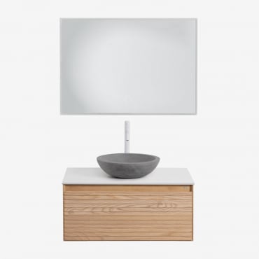 Ensemble De Meubles De Salle De Bains En Frêne Tedrik Marron Cendré & Ciment Gris Rond Ø40 Cm Tarsis & Rectangulaire Led - Sklum