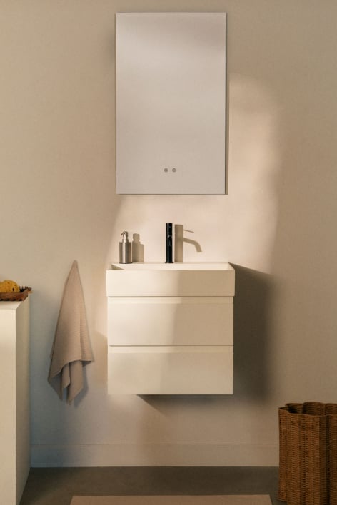 Ensemble de meuble de salle de bain suspendu en bois et placage de frêne avec lavabo intégré Ona - Blanc