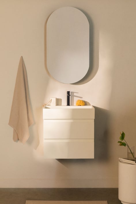 Ensemble de meuble de salle de bain suspendu en bois et placage de frêne avec lavabo intégré Ona - Blanc