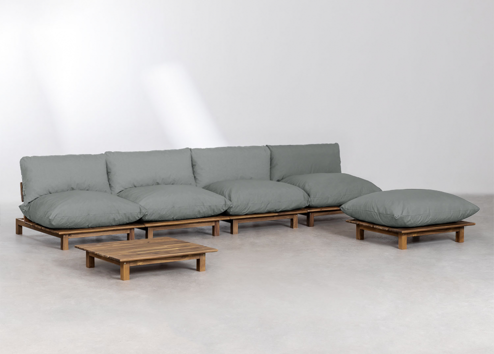 Ensemble de salon avec canapé modulaire inclinable 4 pièces, table basse et pouf en bois d'acacia Brina - Gris Anthracite