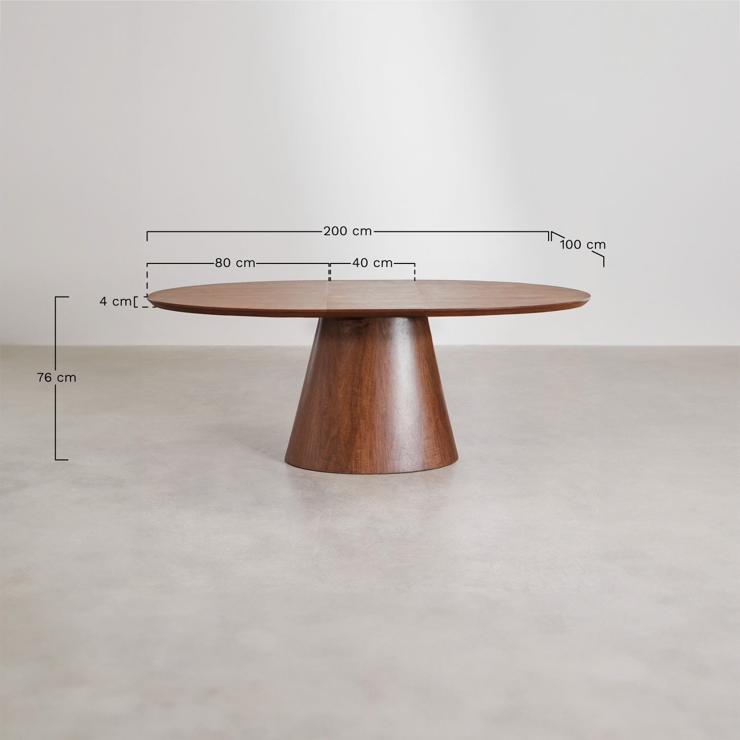 Table de salle à manger ovale extensible 160-200x100 cm en MDF et placage Gala, mesures