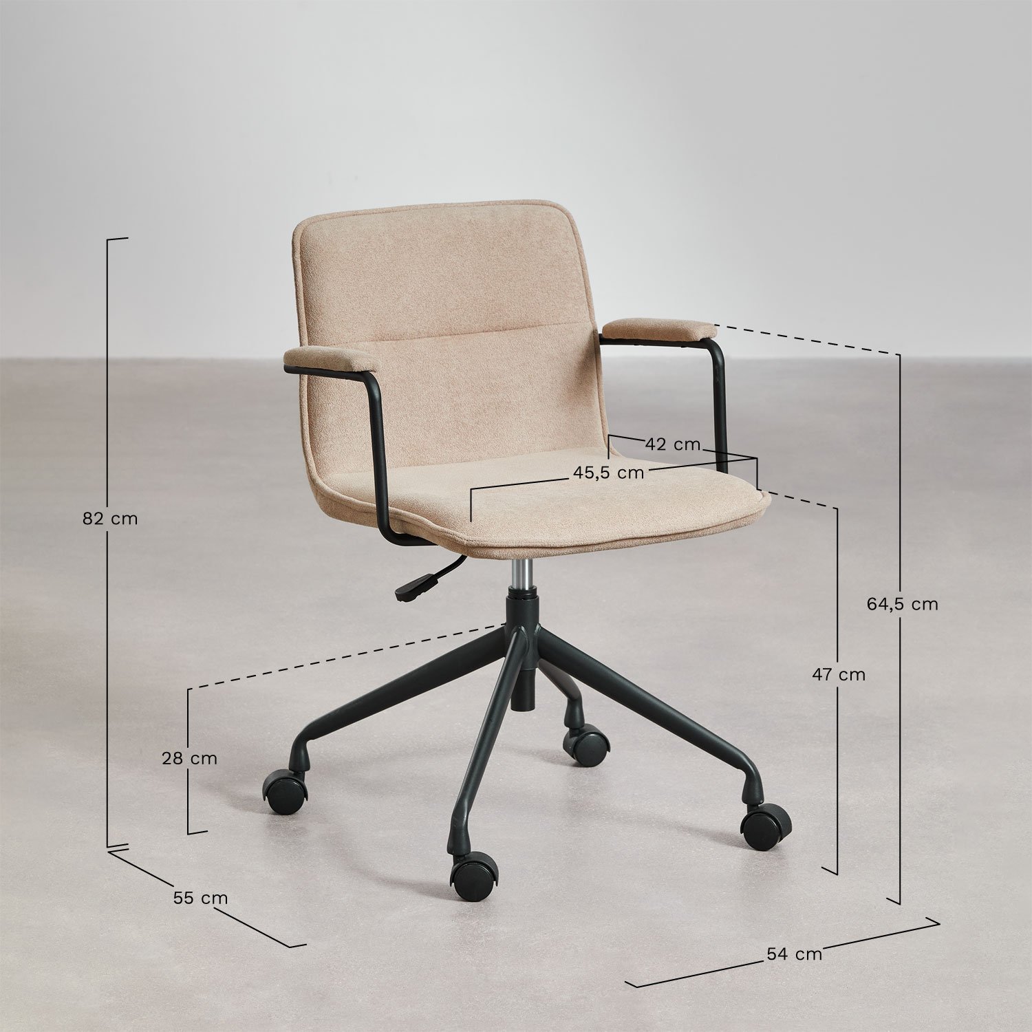 Chaise de bureau avec roulettes et accoudoirs Seifert, mesures