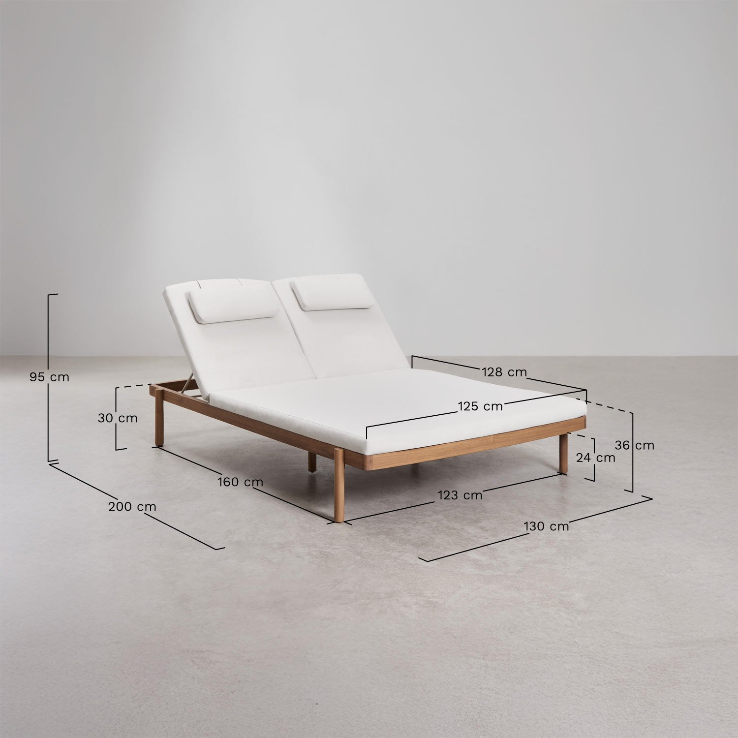 Chaise longue double inclinable en bois d'acacia avec coussin Aderyn, mesures
