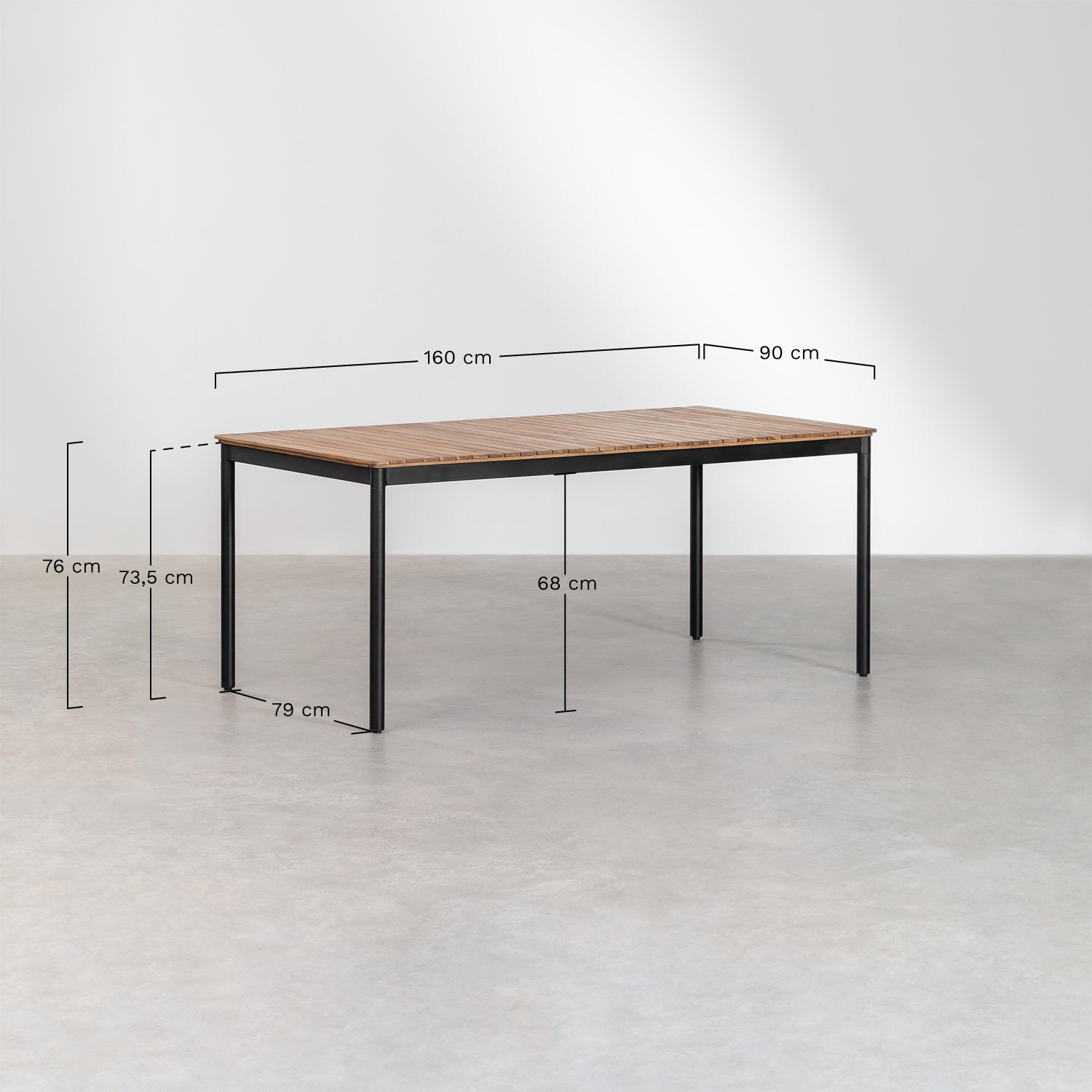 Ensemble table rectangulaire Artus 160x90 cm et 6 chaises de jardin empilables en acier et bois d'acacia   , mesures