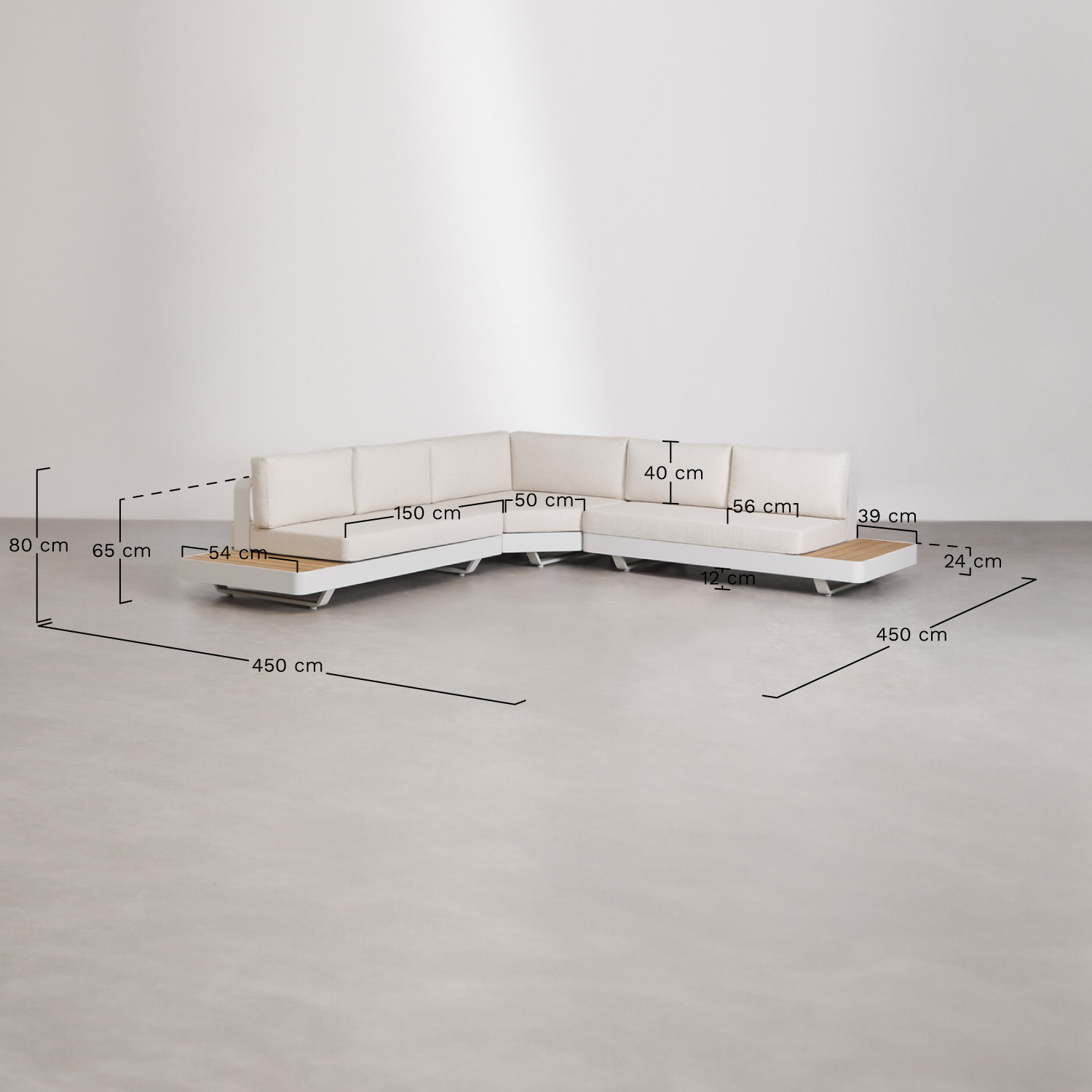 Ensemble de salon avec canapé d'angle 5 places et table basse en aluminium et bois de teck Yarilo, mesures