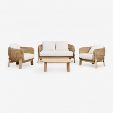 Salon De Jardin Leilan Avec Canapé 2 Places, 2 Fauteuils Et Table Basse En Bois D'acacia Et Rotin Acacia Marron Clair - Sklum